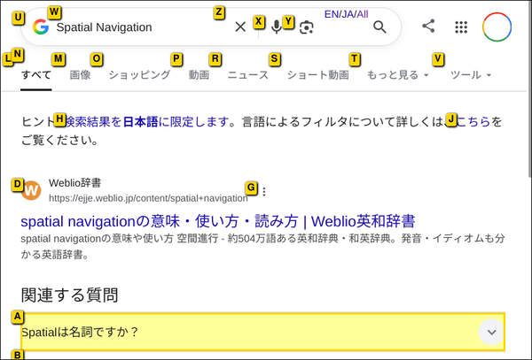Spatial Navigation 拡張機能を使用している様子。Google 検索で「Spatial Navigation」と検索している。画面上のクリック可能な要素に対して一つ一つ対応するキーが表示され，またフォーカスされている要素が黄色くハイライトされている。
